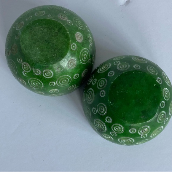 Soapstone Votive Candle Holders 2 Kelly Green Carved Round Etched swirled EUC - Picture 6 of 14